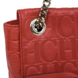 Pre Owned Carolina Herrera Orange Monogram Leather Audrey Shoulder Bag