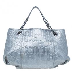 Pre Owned Carolina Herrera Silver Metallic Leather Poppy Tote