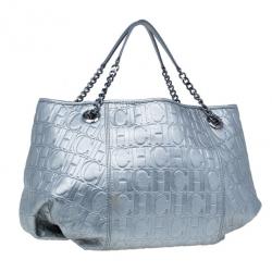 Pre Owned Carolina Herrera Silver Metallic Leather Poppy Tote