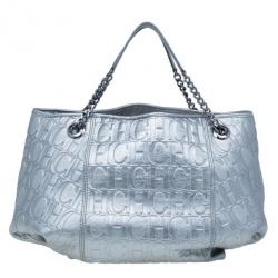 Pre Owned Carolina Herrera Silver Metallic Leather Poppy Tote