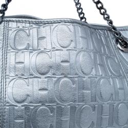 Pre Owned Carolina Herrera Silver Metallic Leather Poppy Tote