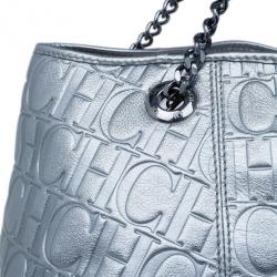 Pre Owned Carolina Herrera Silver Metallic Leather Poppy Tote