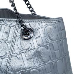Pre Owned Carolina Herrera Silver Metallic Leather Poppy Tote