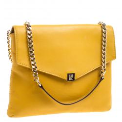 Pre Owned Carolina Herrera Yellow Leather Envelope Shoulder Bag