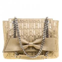 Pre Owned Carolina Herrera Gold Monogram Leather Audrey Shoulder Bag