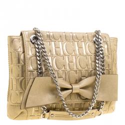 Pre Owned Carolina Herrera Gold Monogram Leather Audrey Shoulder Bag