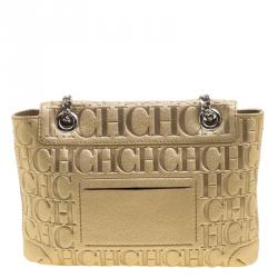 Pre Owned Carolina Herrera Gold Monogram Leather Audrey Shoulder Bag