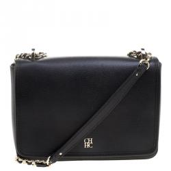 Pre Owned Carolina Herrera Black Leather Flap Shoulder Bag