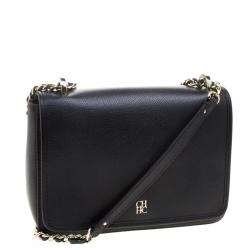 Pre Owned Carolina Herrera Black Leather Flap Shoulder Bag