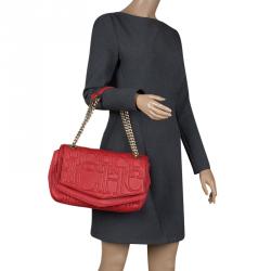 Pre Owned Carolina Herrera Red Monogram Leather Double Flap Shoulder Bag