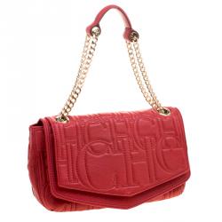 Pre Owned Carolina Herrera Red Monogram Leather Double Flap Shoulder Bag