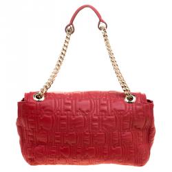 Pre Owned Carolina Herrera Red Monogram Leather Double Flap Shoulder Bag