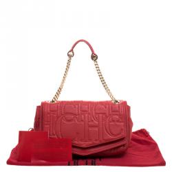 Pre Owned Carolina Herrera Red Monogram Leather Double Flap Shoulder Bag