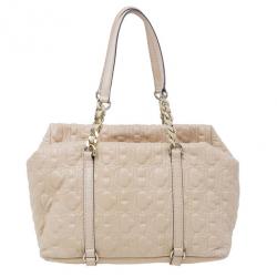 Pre Owned Carolina Herrera Beige Monogram Embossed Tote