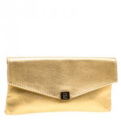 Pre Owned Carolina Herrera Gold Leather Envelope Clutch