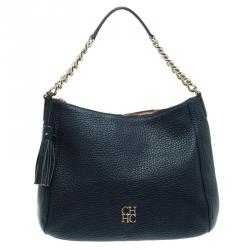 Pre Owned Carolina Herrera Navy Blue Grain Leather Maria Shoulder Bag