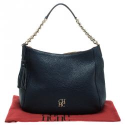 Pre Owned Carolina Herrera Navy Blue Grain Leather Maria Shoulder Bag