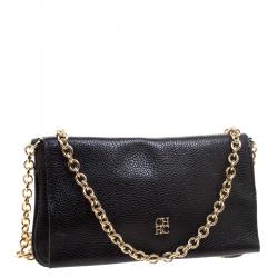 Pre Owned Carolina Herrera Black Leather Chain Flap Shoulder Bag