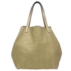 Pre Owned Carolina Herrera Gold Monogram Leather Matryoshka Tote