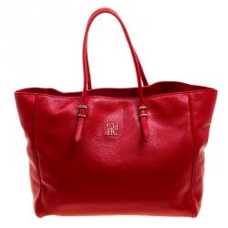 Carolina Herrera Red Monogram Leather Shopper Tote