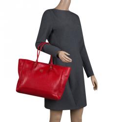 Carolina Herrera Red Monogram Leather Shopper Tote