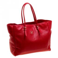 Carolina Herrera Red Monogram Leather Shopper Tote