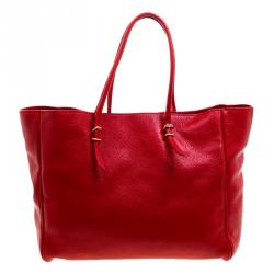 Carolina Herrera Red Monogram Leather Shopper Tote