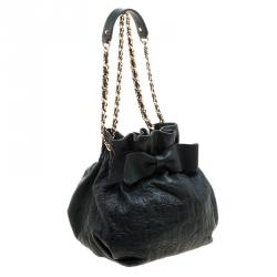 Pre Owned Carolina Herrera Dark Green Embossed Leather Bow Bucket Shoulder Bag