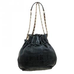 Pre Owned Carolina Herrera Dark Green Embossed Leather Bow Bucket Shoulder Bag