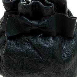 Pre Owned Carolina Herrera Dark Green Embossed Leather Bow Bucket Shoulder Bag