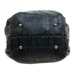 Pre Owned Carolina Herrera Dark Green Embossed Leather Bow Bucket Shoulder Bag