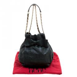 Pre Owned Carolina Herrera Dark Green Embossed Leather Bow Bucket Shoulder Bag