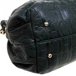 Pre Owned Carolina Herrera Dark Green Embossed Leather Bow Bucket Shoulder Bag