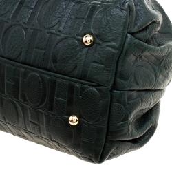 Pre Owned Carolina Herrera Dark Green Embossed Leather Bow Bucket Shoulder Bag