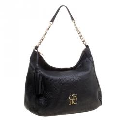 Pre Owned Carolina Herrera Black Pebbled Leather Hobo
