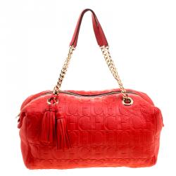 Carolina Herrera Red Embossed Leather Tassel Satchel