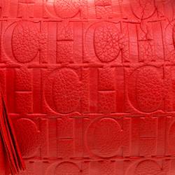 Carolina Herrera Red Embossed Leather Tassel Satchel