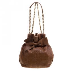 Pre Owned Carolina Herrera Brown Embossed Leather Small Bow Bucket Shoulder Bag