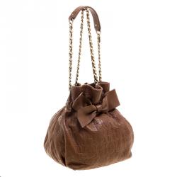 Pre Owned Carolina Herrera Brown Embossed Leather Small Bow Bucket Shoulder Bag
