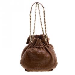 Pre Owned Carolina Herrera Brown Embossed Leather Small Bow Bucket Shoulder Bag