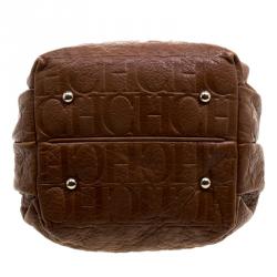 Pre Owned Carolina Herrera Brown Embossed Leather Small Bow Bucket Shoulder Bag