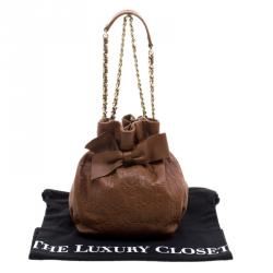 Pre Owned Carolina Herrera Brown Embossed Leather Small Bow Bucket Shoulder Bag
