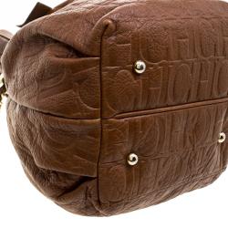 Pre Owned Carolina Herrera Brown Embossed Leather Small Bow Bucket Shoulder Bag