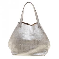 Pre Owned Carolina Herrera Silver Monogram Leather Matryoshka Tote