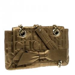 Pre Owned Carolina Herrera Gold Monogram Leather Audrey Shoulder bag