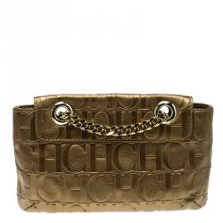 Pre Owned Carolina Herrera Gold Monogram Leather Audrey Shoulder bag