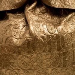 Pre Owned Carolina Herrera Gold Monogram Embossed Leather Bow Bucket Shoulder Bag