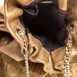Pre Owned Carolina Herrera Gold Monogram Embossed Leather Bow Bucket Shoulder Bag