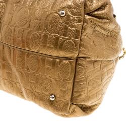 Pre Owned Carolina Herrera Gold Monogram Embossed Leather Bow Bucket Shoulder Bag