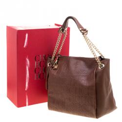 Pre Owned Carolina Herrera Brown Monogram Leather Shoulder Bag